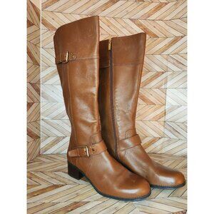 Women Brown Leather Bandolino Coppa Side Zip Boot Size 8 WC Wide Calf